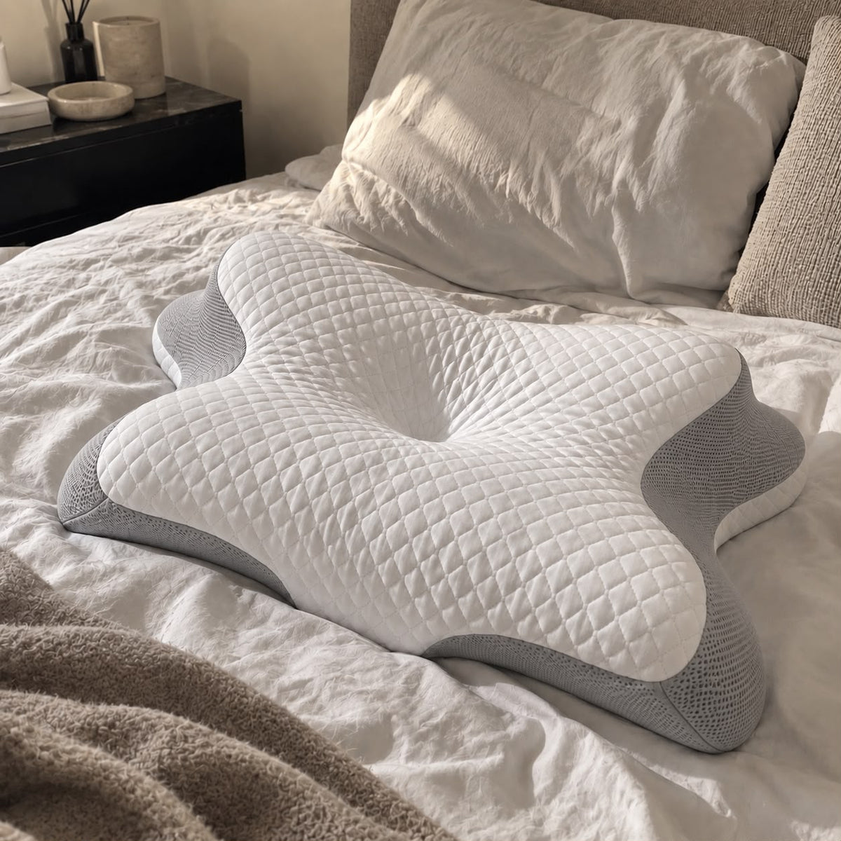 Almohada ergonómica NUVIA en color gris sobre la cama